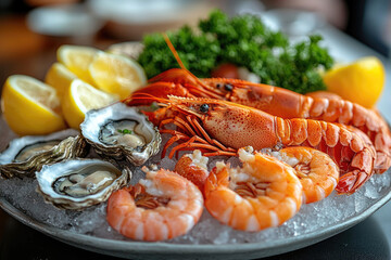 Fresh Seafood Platter with Lobster, Shrimp, Oysters, and Lemon