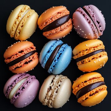 Photos of motti of different colors with different fillings isolated on a black background, a delicious colored dessert.