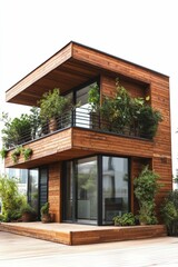 Fototapeta premium Wooden house, balconies, potted plants, modern design.