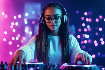 Young female DJ performing in vibrant club atmosphere with colorful lights