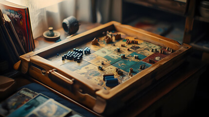 Fototapeta premium Wooden Board Game Tray, Cozy Game Night, Vintage Game Pieces, Family Fun, Warm Lighting
