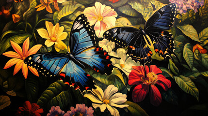 Iridescent Butterflies and Flowers Painting