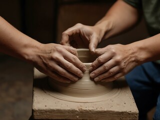 Hands shaping clay on a pottery wheel.
