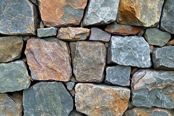 A textured stone wall composed of various sized and colored rocks.