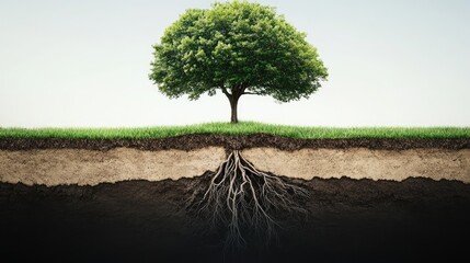 Obraz premium A vertical cut showcasing a tree's ecosystem: green grass, sprawling roots, and earthy soil layers, emphasizing natural connection.