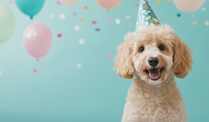 Cute dog wears party hat surrounded by colorful balloons and confetti for birthday celebration