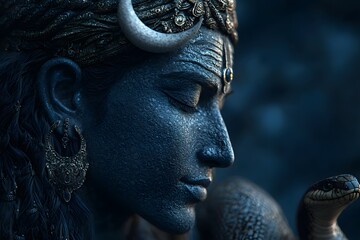 Shiva with a Crescent Moon on His Forehead, Long Hair Flowing, Portrayed in a Divine and Majestic Pose, Symbolising Power and Serenity in Hindu Mythology