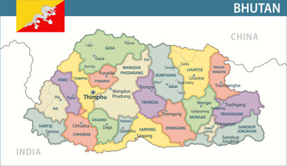 Obraz premium Bhutan Map Vector New 2024 Colorful - Customizable layered political map of Bhutan with administrative divisions for website, education, reports, news, politics, print, poster and wallpaper