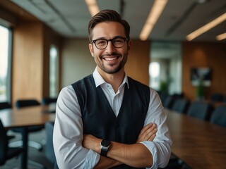 Fototapeta premium Handsome businessman with glasses, confident smile in a conference room.