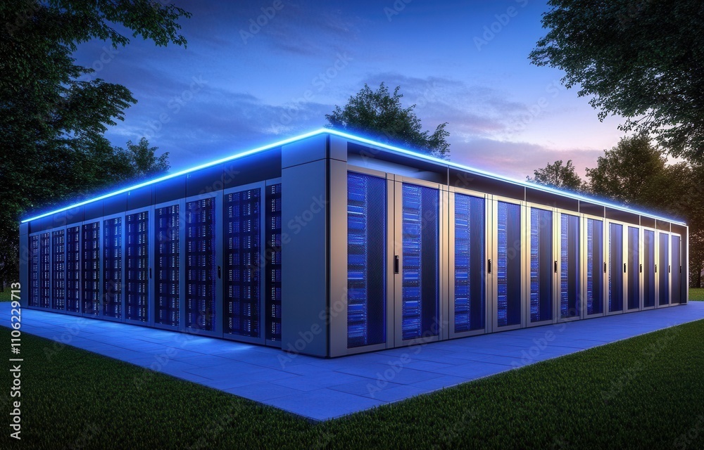 Poster network connection in a data center room with storage systems depicted in 3d rendering