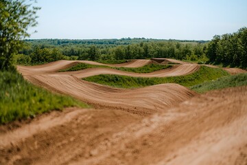 Motocross Track, Featuring Dirt Jumps, Sharp Turns, and Obstacles, Set in an Outdoor Racing Environment for Thrilling and Competitive Rides