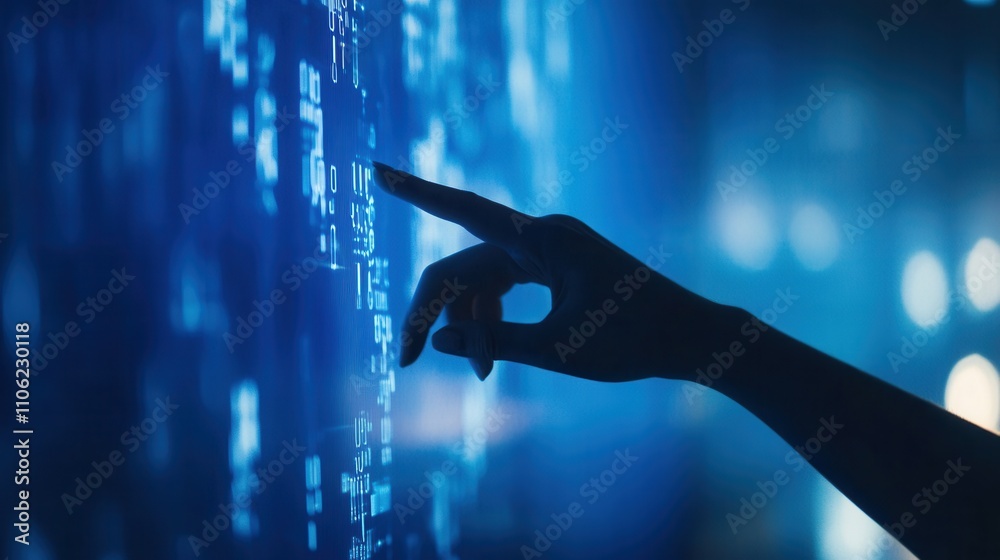 Poster a hand makes contact with a digital hud interface on a virtual computer screen, symbolizing futurist