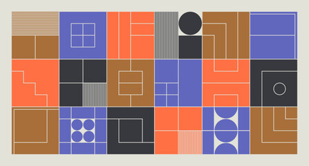 Minimalist geometric pattern with squares, circles and lines in Brutalist aesthetic