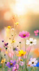 Fototapeta premium Beautiful wildflowers blooming in a sunny meadow during springtime