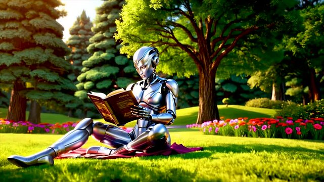 An iron humanoid robot is reading a book while sitting on a lawn in the park.