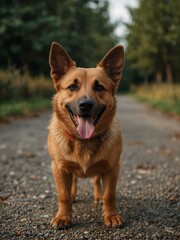Happy brown dog with tongue out on a walk.
