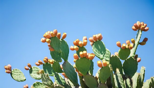 Prickly Pear Cactus in a Desert Oasis Against a Blue Sky