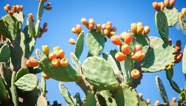 Prickly Pear Cactus in a Desert Oasis Against a Blue Sky
