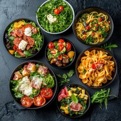 Set of food and dishes in plates on a black stone background. Salads, pasta and snacks. Food background.