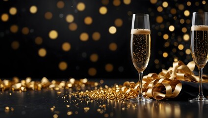 Two champagne flutes, gold ribbons, and glittering gold confetti on a dark surface. A celebratory scene.

