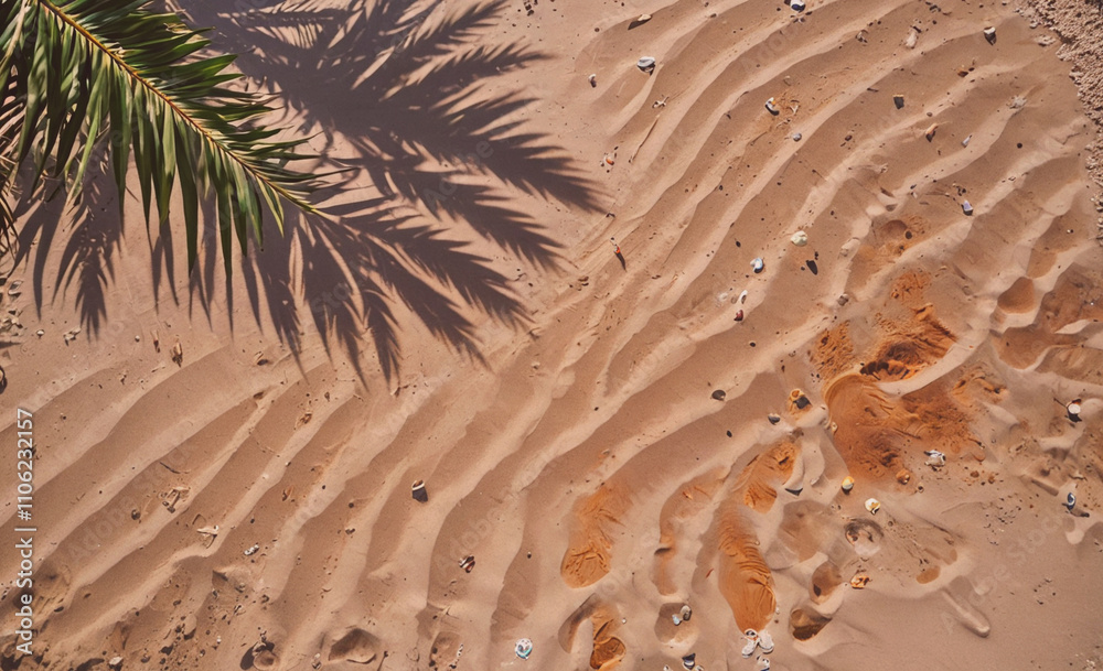 Poster palm tree is casting a shadow on the sand. the sand is brown and has some rocks in it