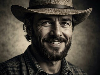 Happy farmer in a hat, hand-drawn ink sketch logo.