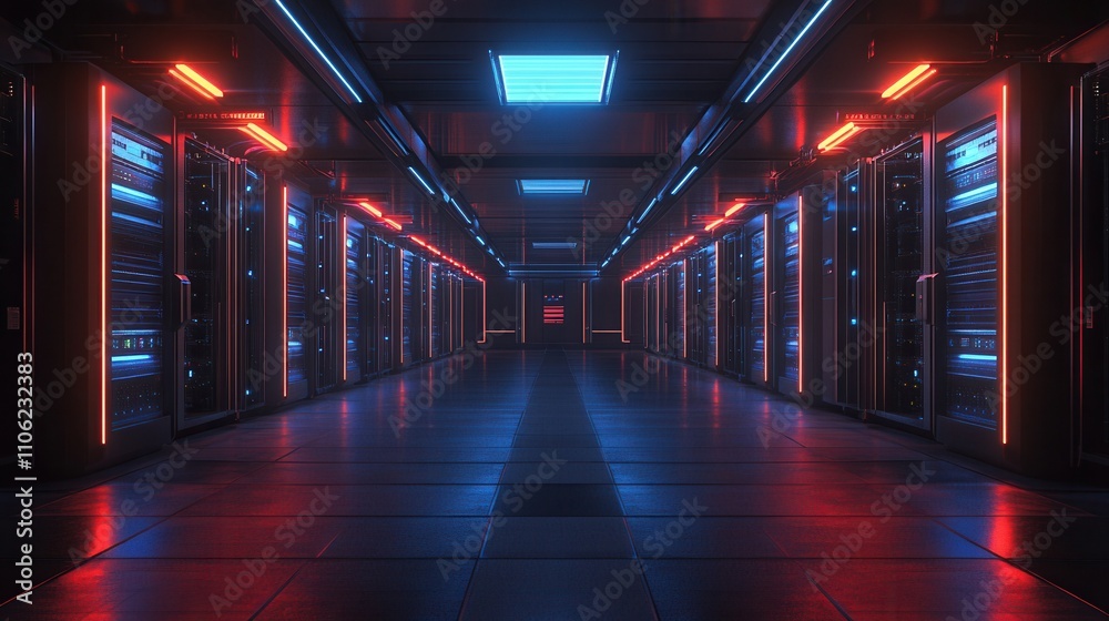 Poster an image of a data center featuring multiple rows of operational server racks. this setup represents