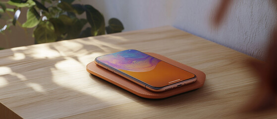 Leather Wireless Charger with iPhone, 3D Rendering