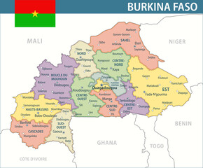 Obraz premium Burkina Faso Map Vector New 2024 Colorful - Customizable layered political map of Burkina Faso with administrative divisions for website, education, reports, news, politics, print, poster