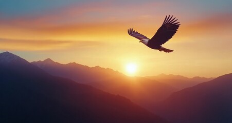 Majestic eagle soaring over mountains at sunset with vibrant colors in the sky