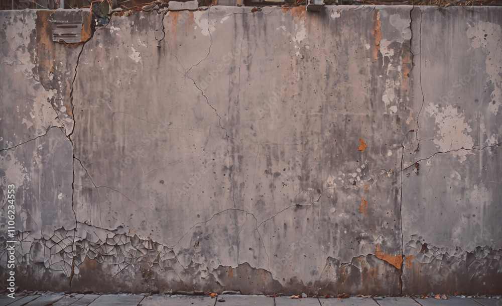 Poster wall with cracks and holes in it. the wall is made of concrete. there is a hole in the wall