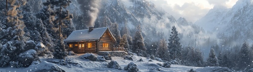 Fototapeta premium Cozy Log Cabin in Snowy Mountains with Smoke Rising from Chimney, Winter Wonderland, Cabin, Mountains
