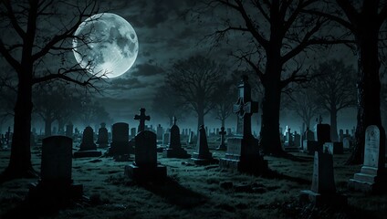 Haunted moonlit cemetery with eerie charm.