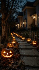 Haunted pathway lined with glowing pumpkins.