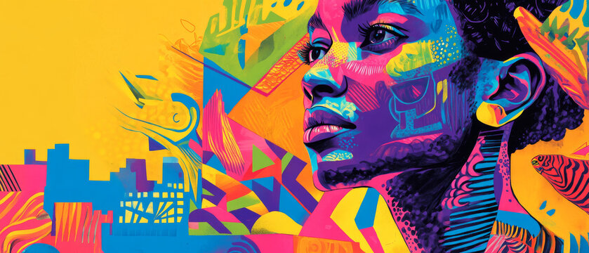 Vibrant Brazilian Street Art, Colorful Portrait, Geometric Shapes, Urban Landscape, Cultural Diversity