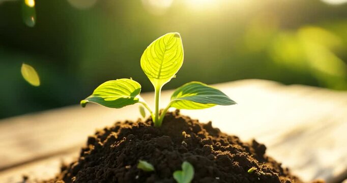 A small soil ball with a vibrant green sprout gently swaying in a mild breeze, set on a rustic wooden table with an out-of-focus garden in the background