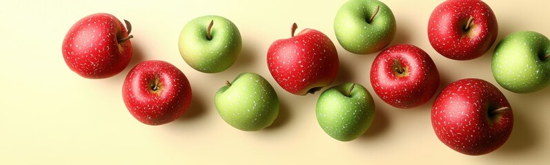 Many apples that are arranged in a row on a table