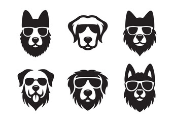 Dog wearing sunglass black soild silhouette icon set, animal doggy head collection, animal character illustration, editable vector clip art silhouettes bundle
