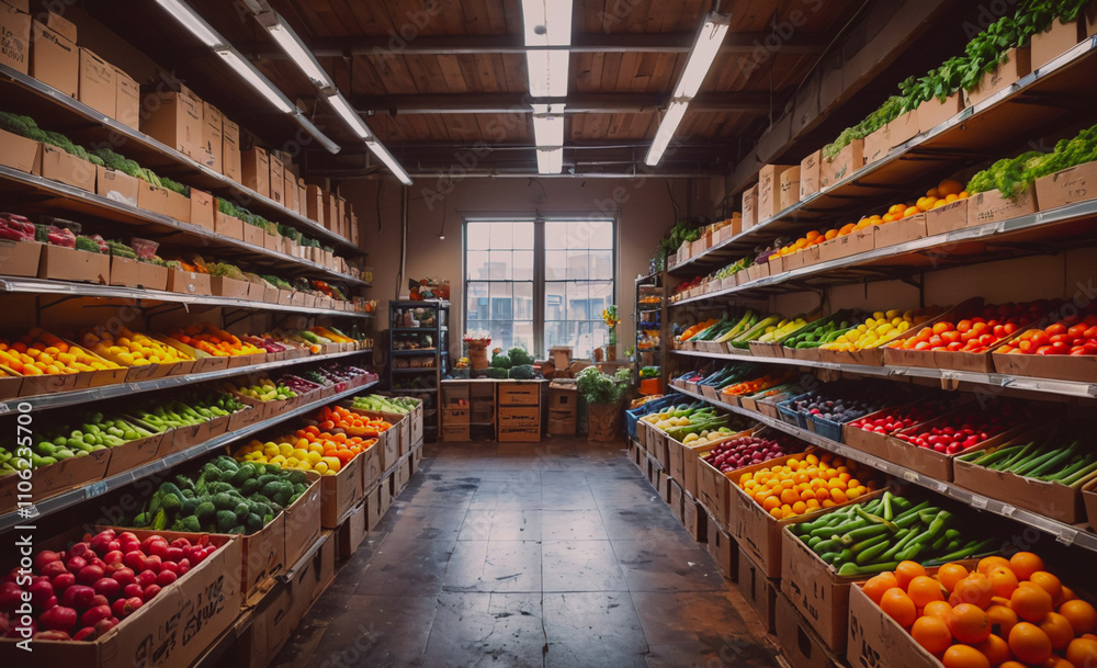 Aufkleber large produce section of a grocery store. there are many boxes of fruit and vegetables on the shelve