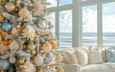 Beach House A tropical-themed Christmas tree decorated with seashells, starfish, and soft pastel ornaments, placed in a beach house with large windows showing an ocean view and sandy shores