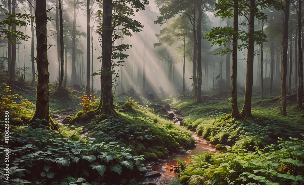 Aufkleber forest with a stream running through it. the stream is brown and the sun is shining through the tree