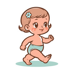 Fototapeta premium Happy walking toddler with flower clip illustration, isolated vector illustration, cute baby artwork, playful design concept.