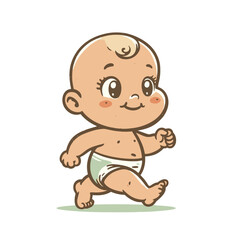 Smiling walking baby in diaper illustration, isolated vector illustration, adorable infant artwork, playful design concept.