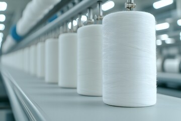 Textile factory with yarn spools on a spinning machine, highlighting the industrial process of thread production, with rows of spools in motion, symbolising efficiency and craftsmanship in fabric manu
