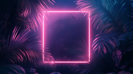 Obraz premium Neon Light Frame with Tropical Leaves, Neon, Tropical ,