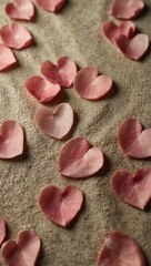 Fototapeta premium Heart-shaped soft pink rose petals on textured fabric for Valentine’s.