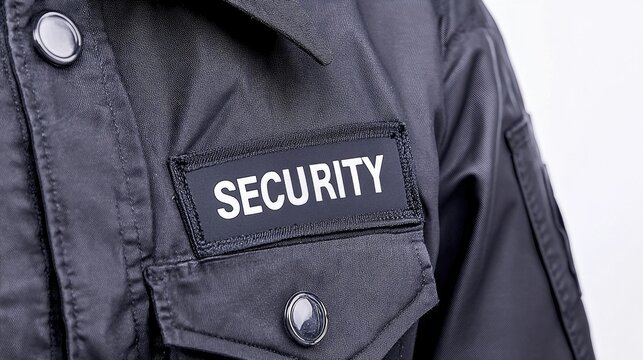 Close-up view of a black security guard uniform highlighting the word security on a crisp white background emphasizing protection and vigilance