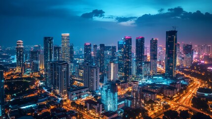Obraz premium Nighttime Aerial View of a Cityscape with Skyscrapers and Traffic, Cityscape, Urban Landscape, Night Lights, Buildings, City, Architecture