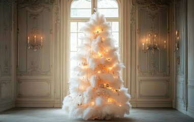 Feather Tree A soft and fluffy Christmas tree made of white feathers, decorated with delicate pearls and light garlands, in an elegant interior