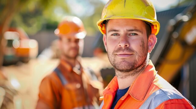 The image depicts two construction workers in hard hats and orange safety vests standing in front Of a blurred background Of a construction site.